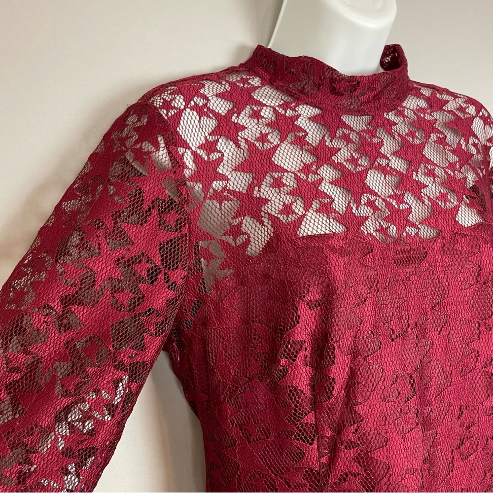 Betsey Johnson Dress Red Star Lace Sheath Illusion Long Sleeve Sheer Maroon 12 - Picture 8 of 14
